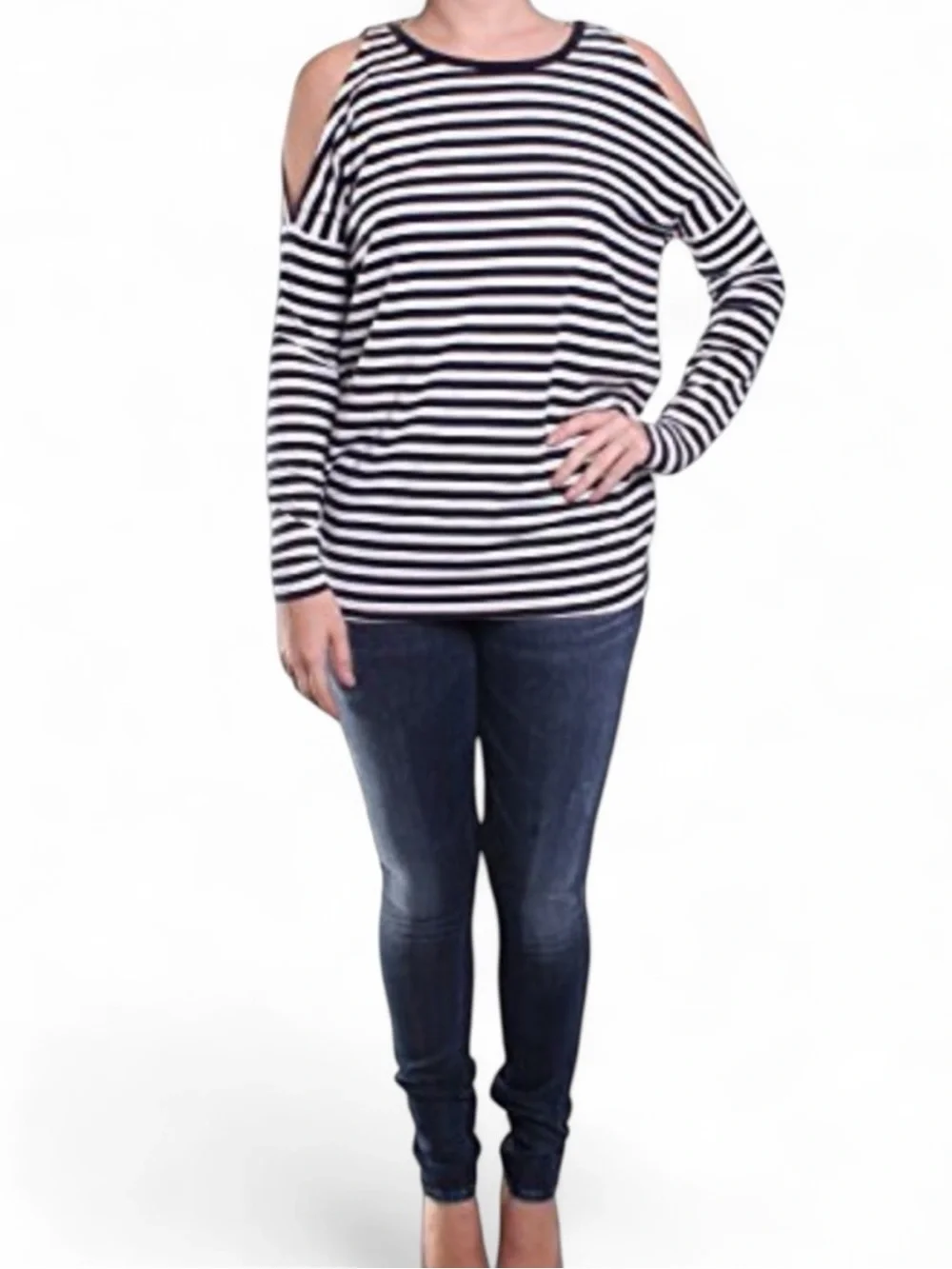 Michael Kors Black & White Striped Cold-Shoulder Women's Long Sleeve Top Small
